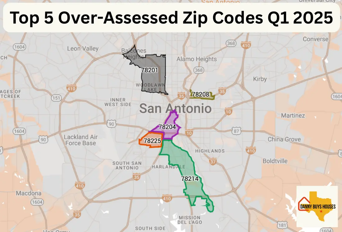 Map showing top 5 zip codes in Bexar County where properties were over-assessed