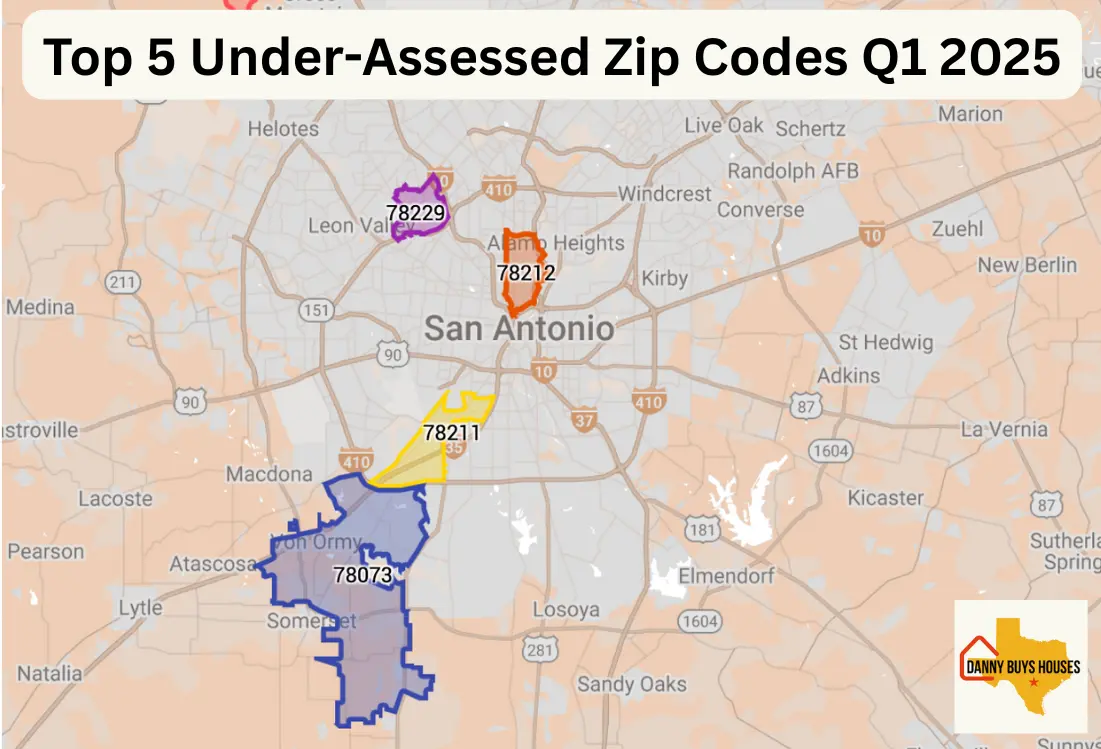 Map showing top 5 zip codes in Bexar County where properties were under-assessed