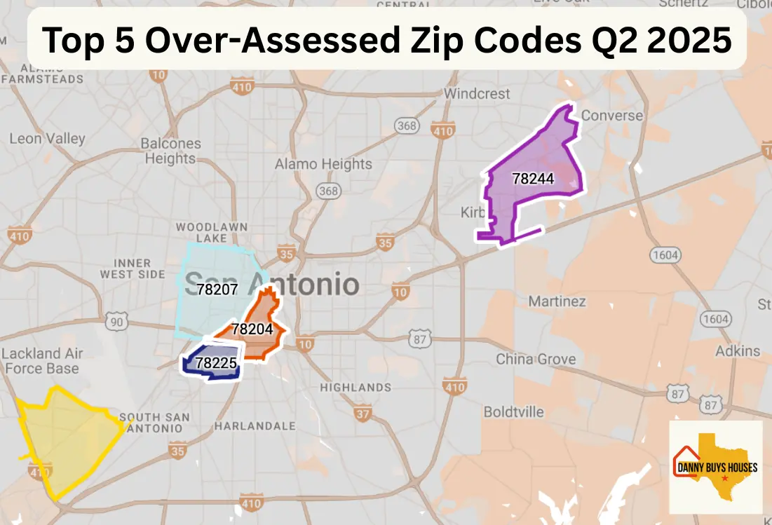Map showing top 5 zip codes in Bexar County where properties were over-assessed