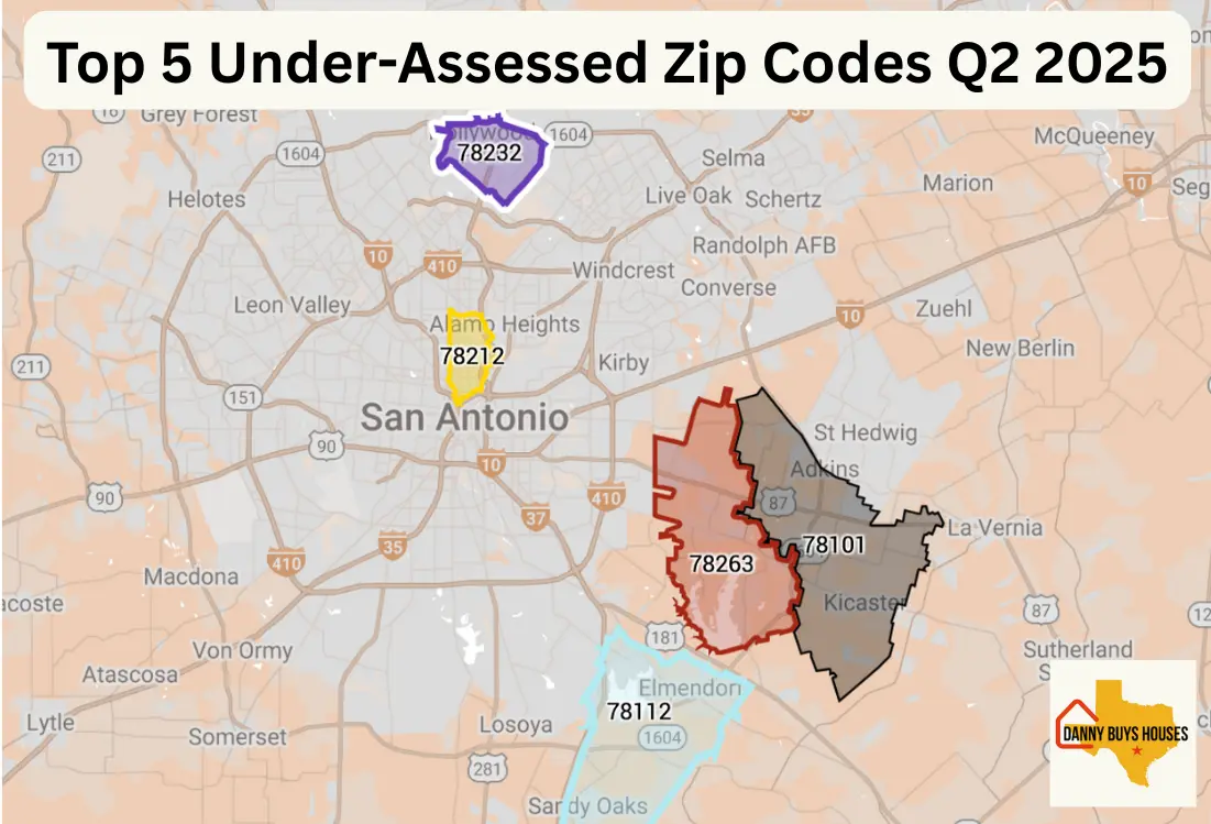 Map showing top 5 zip codes in Bexar County where properties were under-assessed