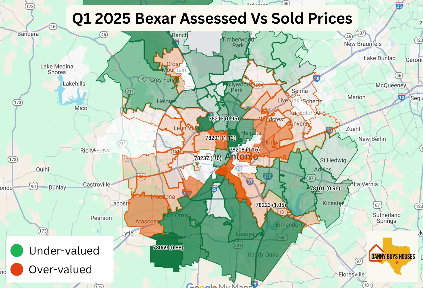 Map showing zip codes where properties were over-assessed and under-assessed in Bexar County