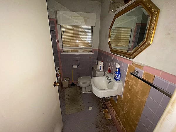 Before picture 4 - Hall bath view showing damaged walls and outdated ixtures