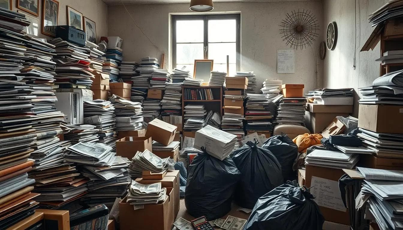 hoarder house with stacks of paper