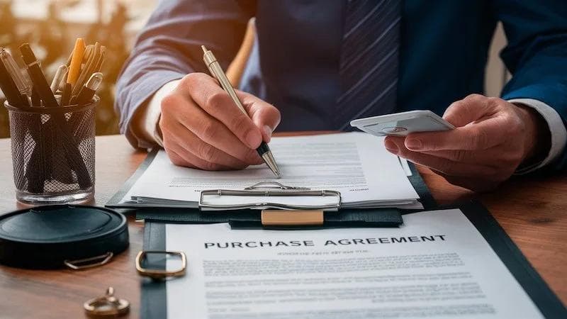 stack of papers on a desk with purchase agreement